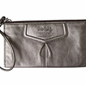 COACH Metallic Pewter Leather Wristlet Clutch